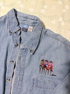 Port Authority Light Blue Denim Shirt with Colorful Embroidered Birds